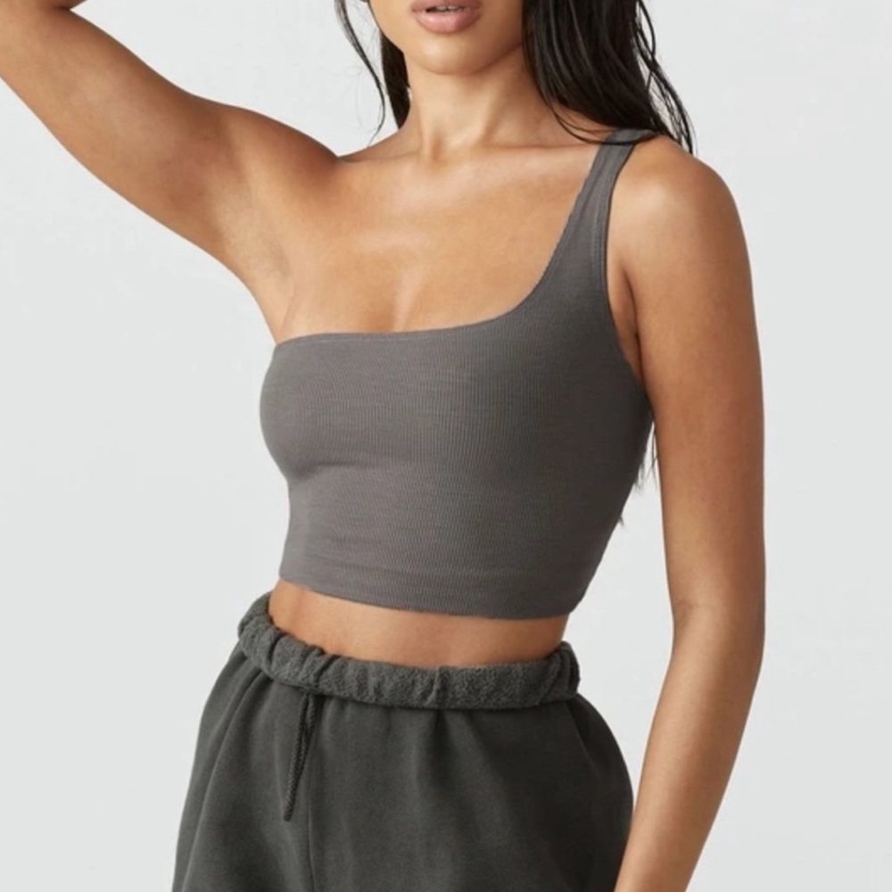 S/M JOAH BROWN CONCRETE GREY SINGLE STRAP FLEXRIB ONE SHOULDER CROP TOP - Picture 1 of 8